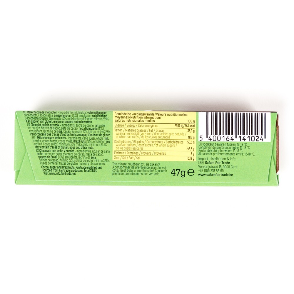 XOCOLATA BARRETA AMB LLET I NOU DE BRASIL Oxfam 47g